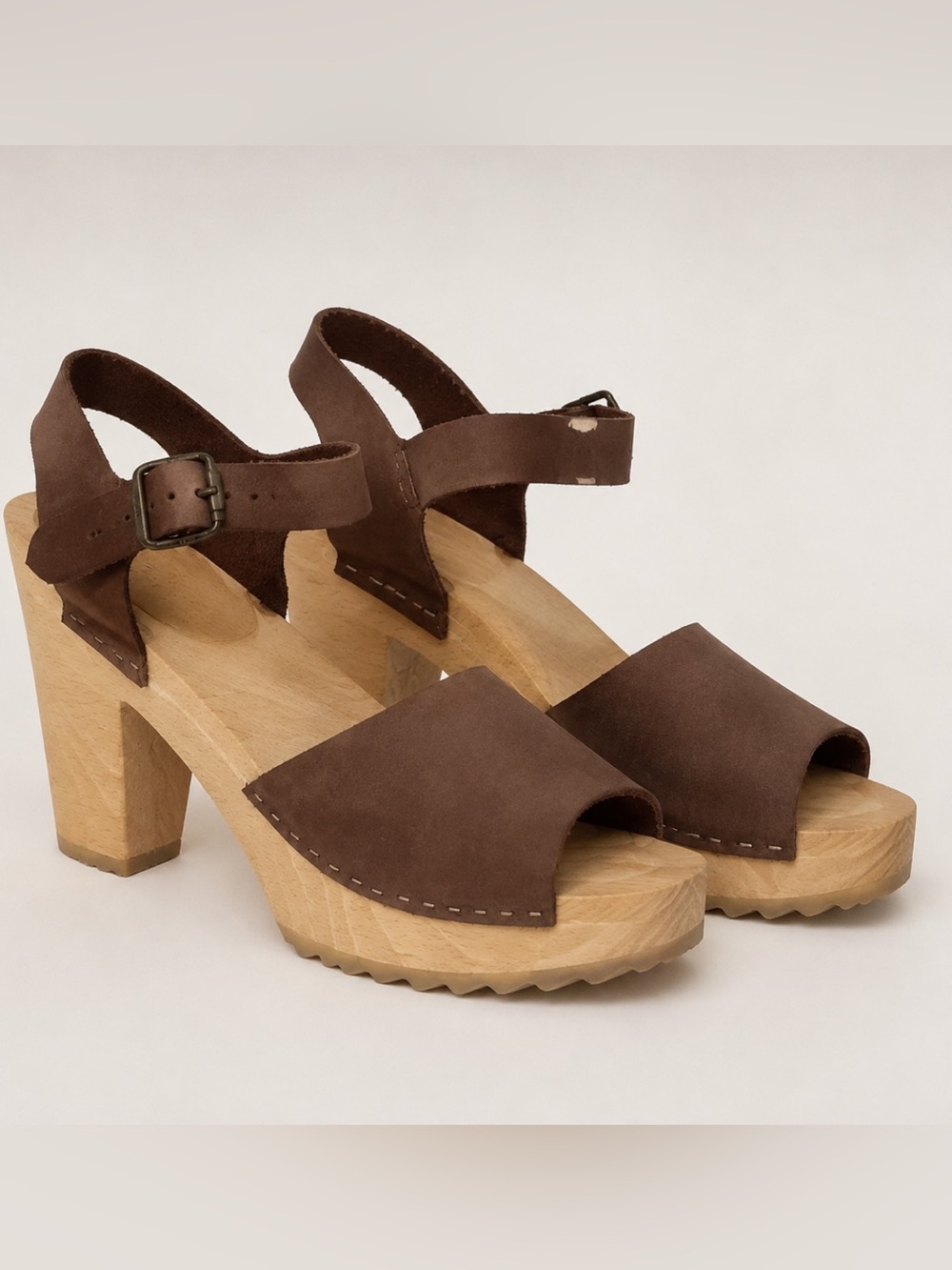 Bryr Brown Leather High Heel Ankle Strap Wooden Clogs EU 40
